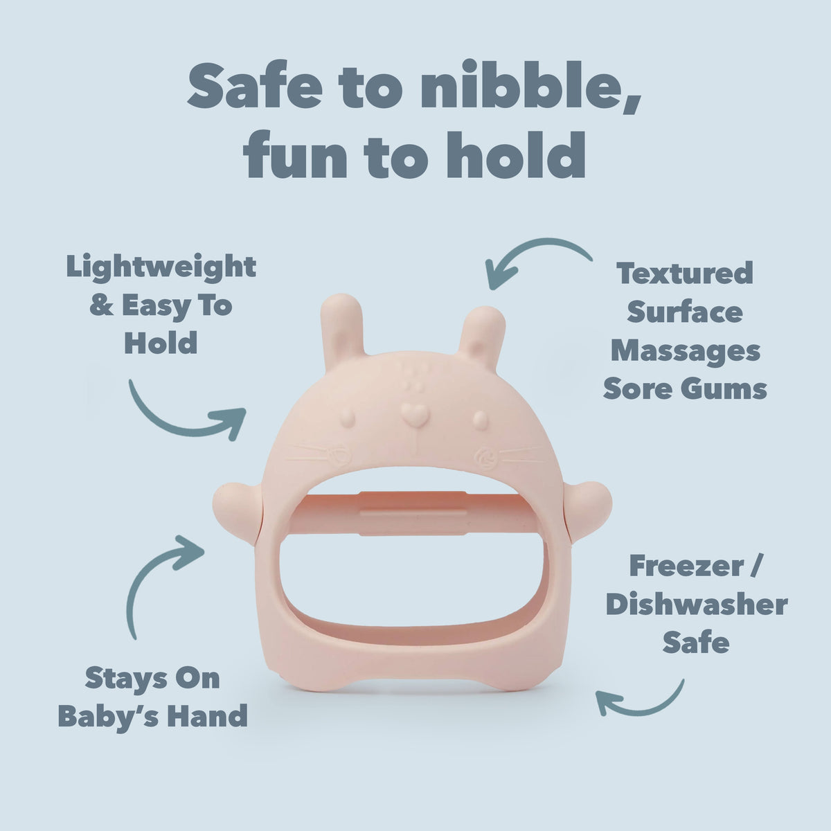 Baby teether with text highlighting its features on a light blue background. Lightweight and easy to hold. Textured surface massages sore gums. Freezer and dishwasher safe. Textured on both sides.
