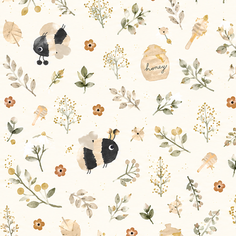 Pattern of small bees and plants on a white background