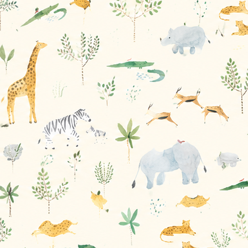 Pattern of safari animals and plants on a white background