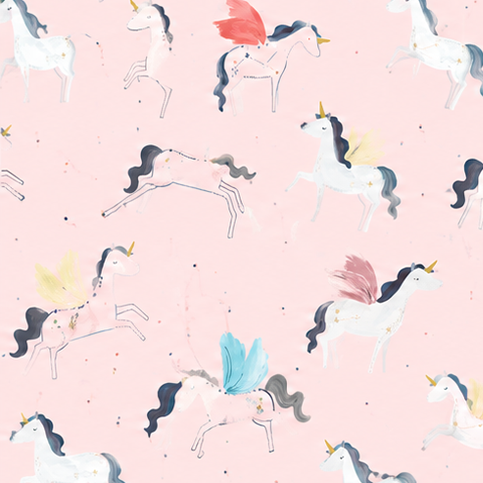 Pattern of cartoon unicorns on a pink background
