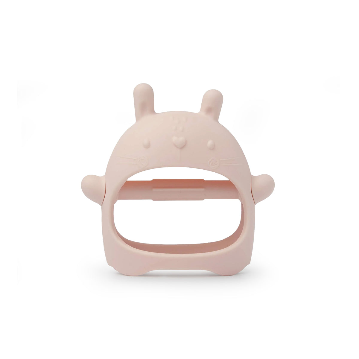 Pink silicone teething mitt in a rabbit design on a white background