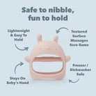 Baby teether with text highlighting its features on a light blue background. Lightweight and easy to hold. Textured surface massages sore gums. Freezer and dishwasher safe. Textured on both sides.