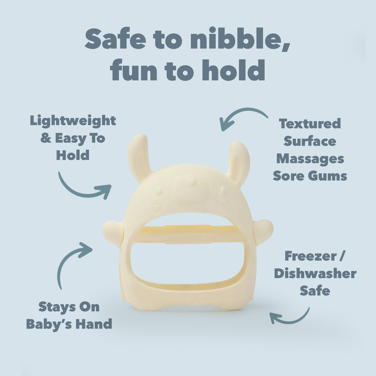 Baby teething ring with text highlighting its features on a light blue background. Lightweight and easy to hold. Textured surface massages sore gums. Freezer and dishwasher safe. Textured on both sides.