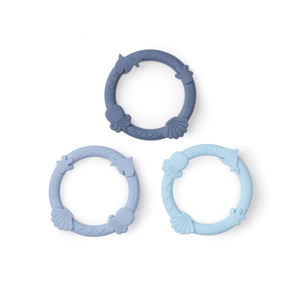 Three blue silicone teething rings on a white background
