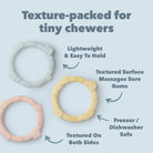 Three silicone teething rings in different colours on a light blue background with text describing their features. Lightweight and easy to hold. Textured surface massages sore gums. Freezer and dishwasher safe. Textured on both sides.