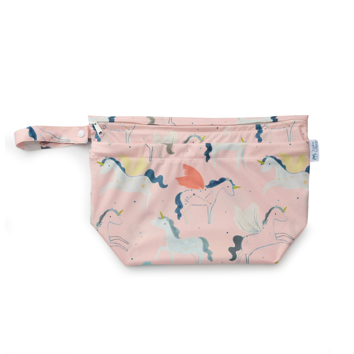 Wet dry bag with unicorn pattern on a pink background