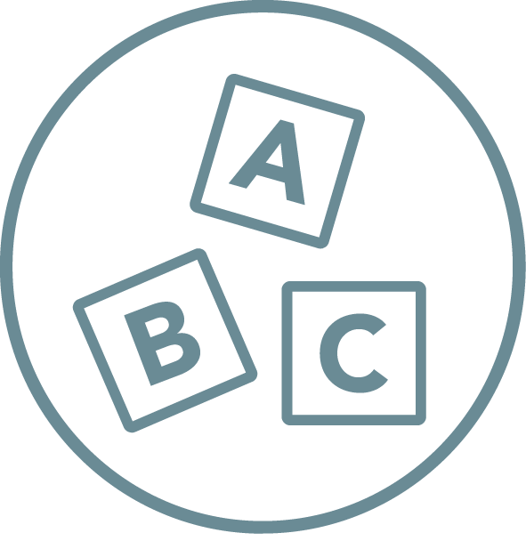 Three letter blocks A, B, C inside a circle.