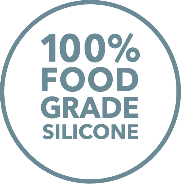 Logo indicating 100% food-grade silicone material on a white background