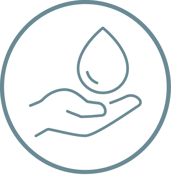 Icon of a hand holding a droplet symbolising 'Rise & Wipe Clean'