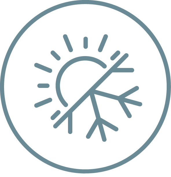 Icon indicating safety for hot and cold food and liquids with a sun and snowflake design.