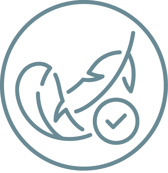 Icon of a feather and check mark in a circle