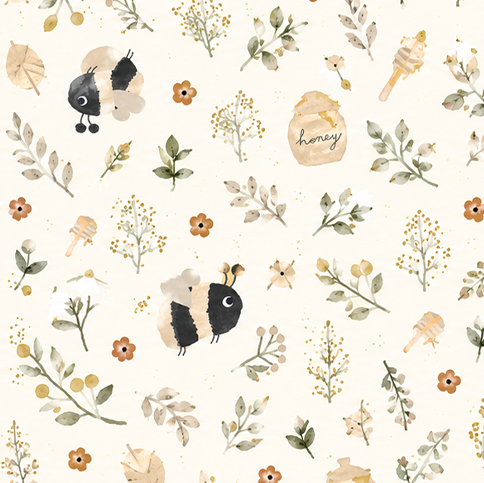 Pattern of small bees and plants on a white background