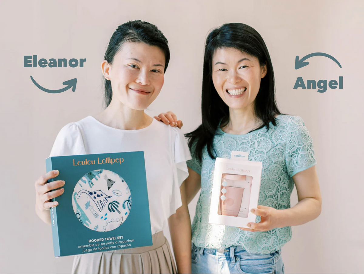 Eleanor and Angel holding products with 'Loulou Lollipop' branding against a plain background