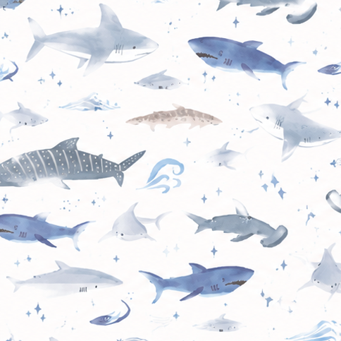 Pattern of blue sharks on a white background