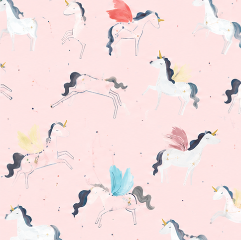Pattern of cartoon unicorns on a pink background
