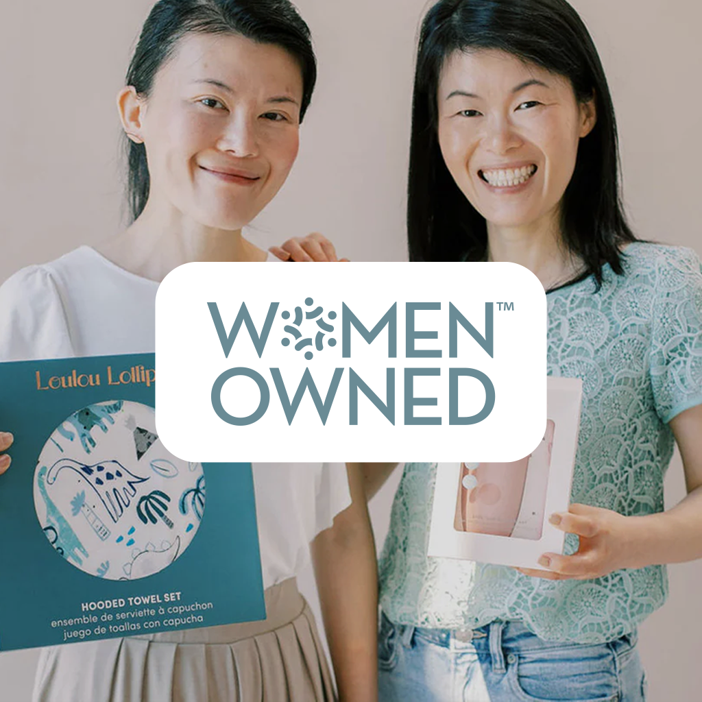 Angel and Eleanor holding products with a 'Women Owned' badge overlayed on a beige background